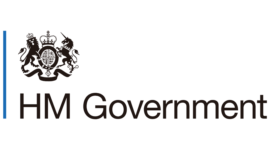 A blue vertical line, the Government Logo and Text saying HM Government
