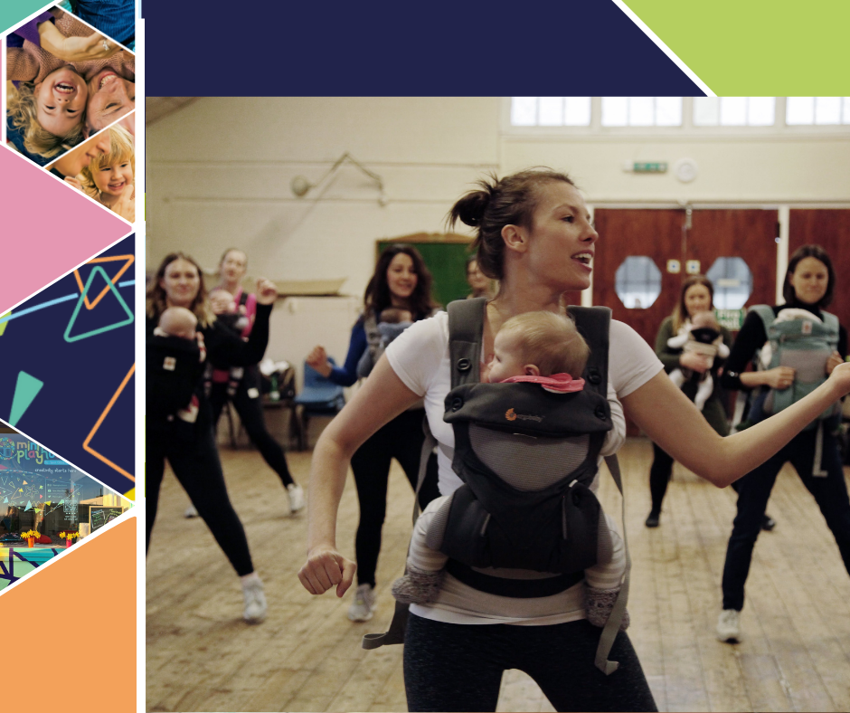 The main photo is of a dance class for adults and their babies who are in slings. There are other smaller photos of children down the left side of the image.