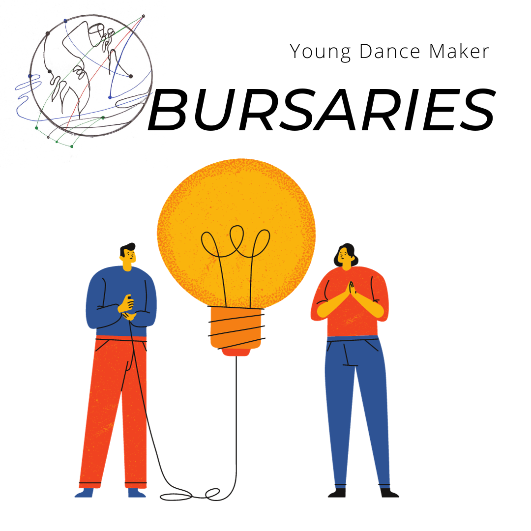 A cartoon of two people next to a lightbulb. Text Reads: ‘Young Dance Maker Bursaries’. There is a logo which is a circle with lots of lines in it.